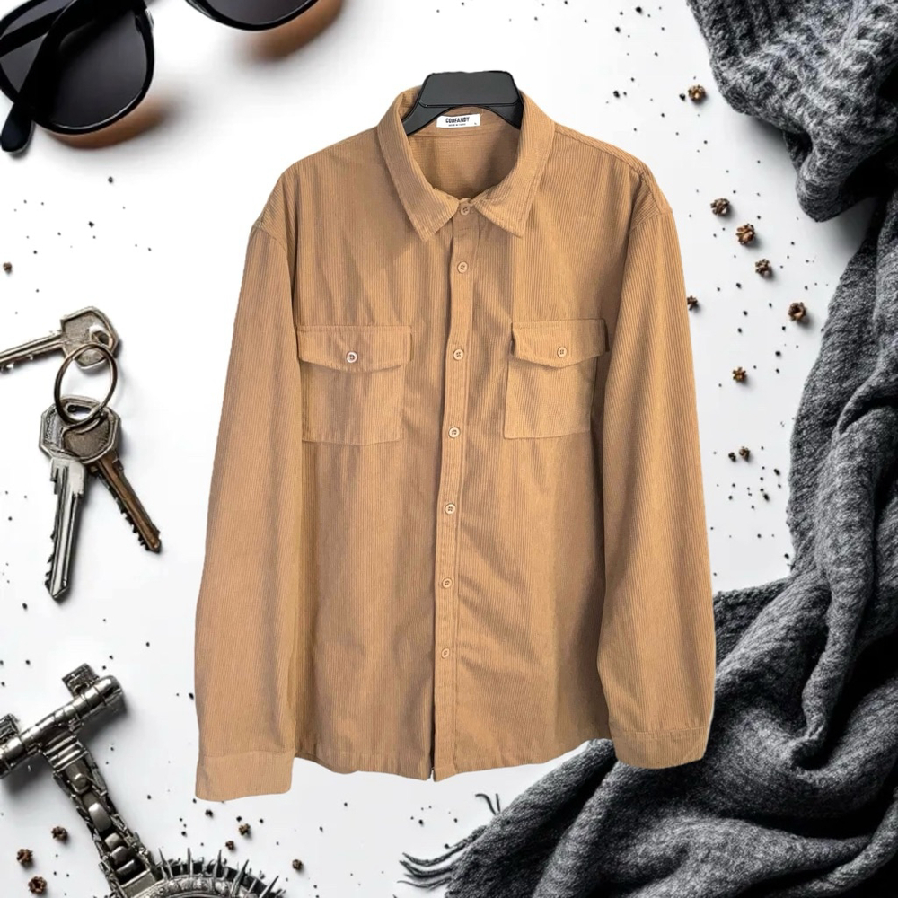 Coofandy Tan Camel Brown Waffle Texture Polyester Button Shirt Men Size XL